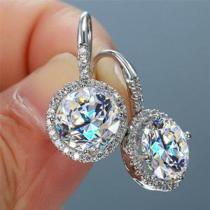 *NEW*925 Silver Drop Earrings Round Stone Zircon